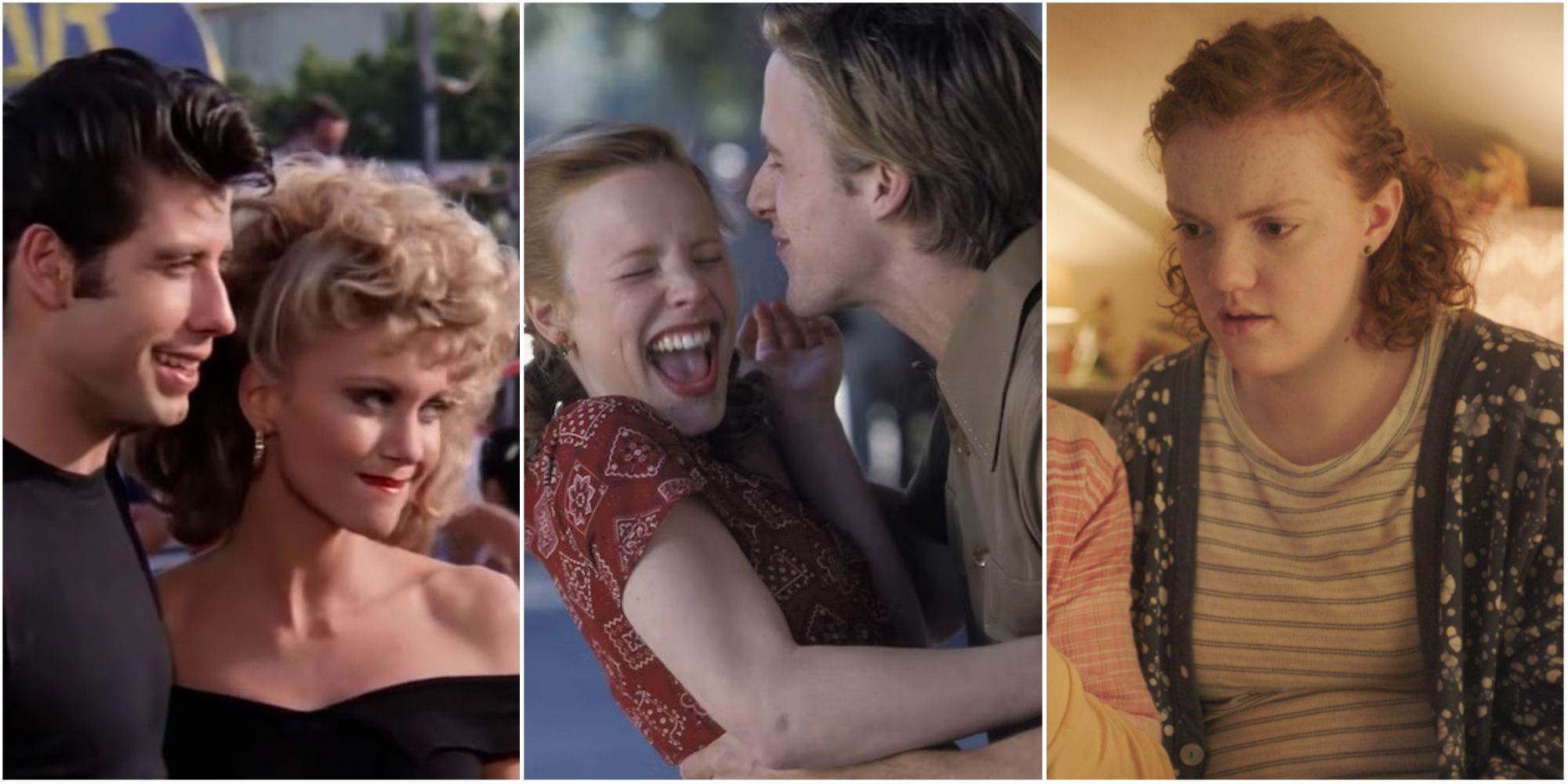 A split image of Danny and Sandy in Grease, Allie and Noah in The Notebook, and Sierra in Sierra Burgess is a Loser