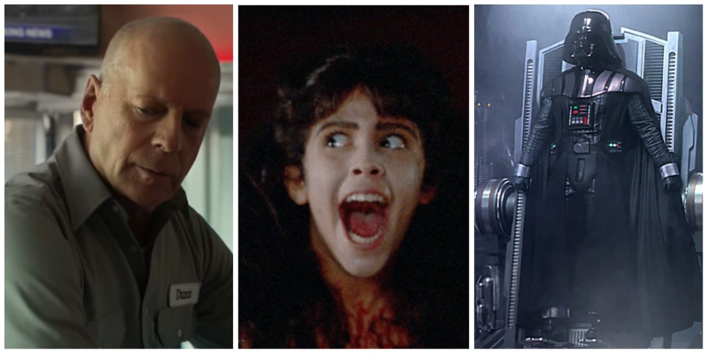 A split image of David Dunn from Split, Ashley from Sleepaway Camp, and Vader from Episode III