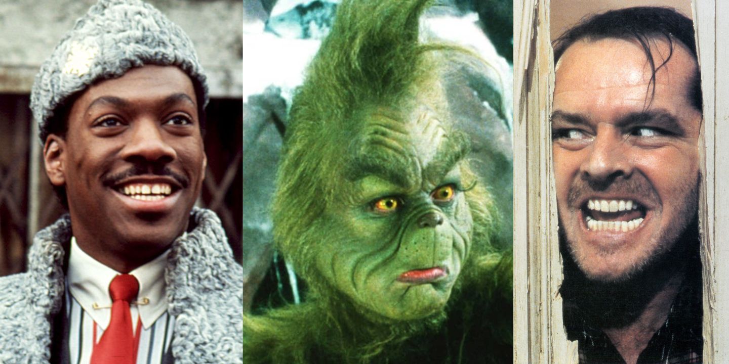 A split image of Eddie Murphy, The Grinch, and Jack Nicholson in The Shining