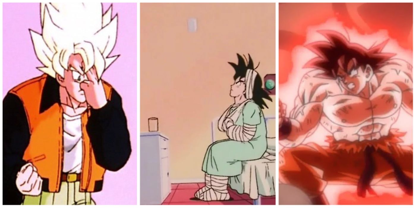 A split image of Goku's Instant Transmission, Telekinesis, and Kaio-Ken from Dragon Ball