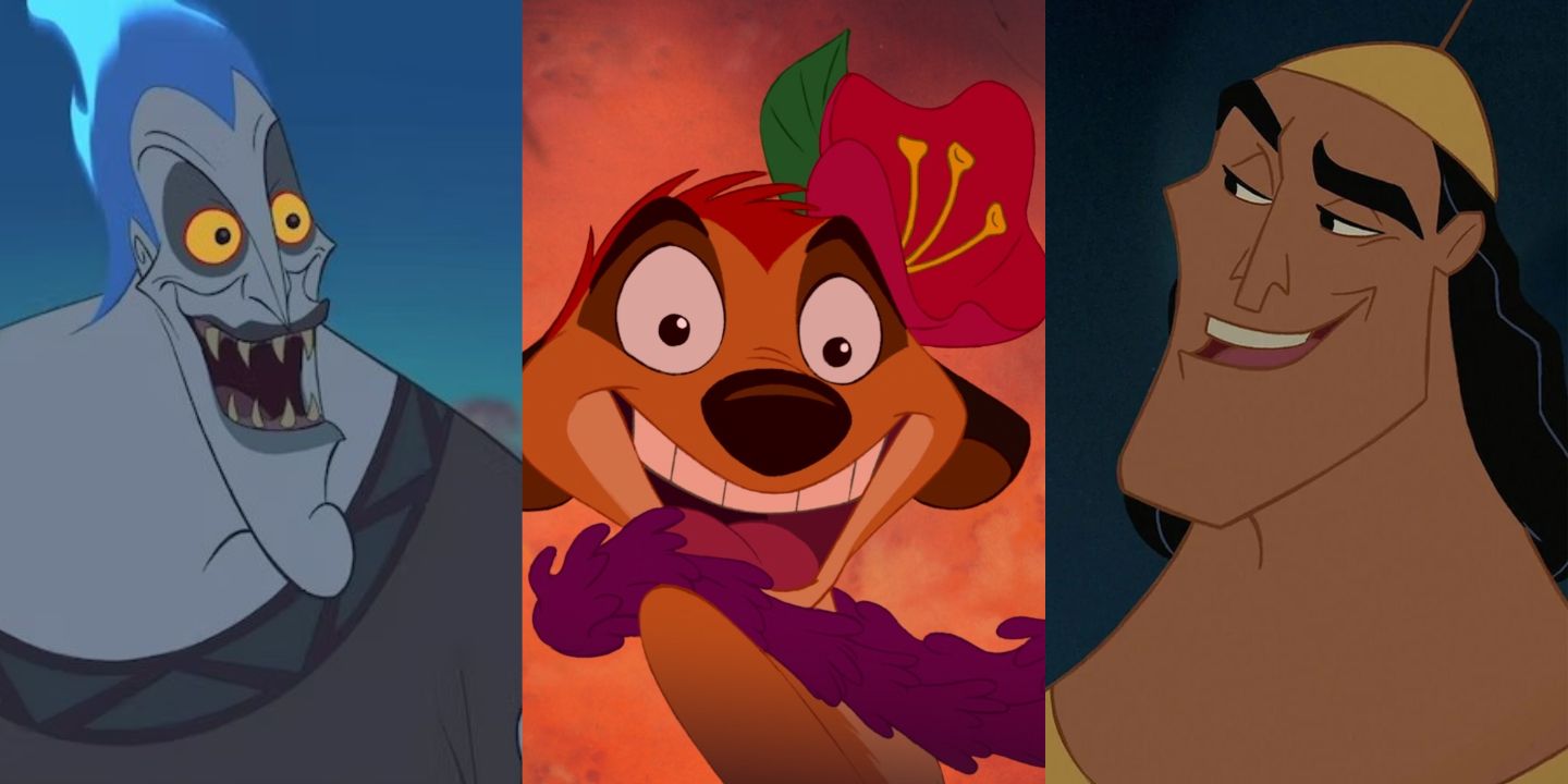 A split image of Hades from Hercules, Timon from The Lion King, and Kronk from The Emperor's New Groove