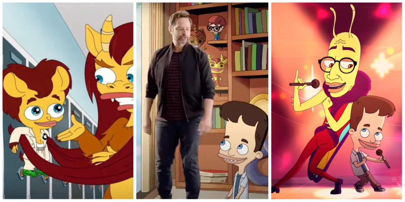 A split image of Hormone Monster Baby, Nick Kroll, and Lovebug from Big Mouth