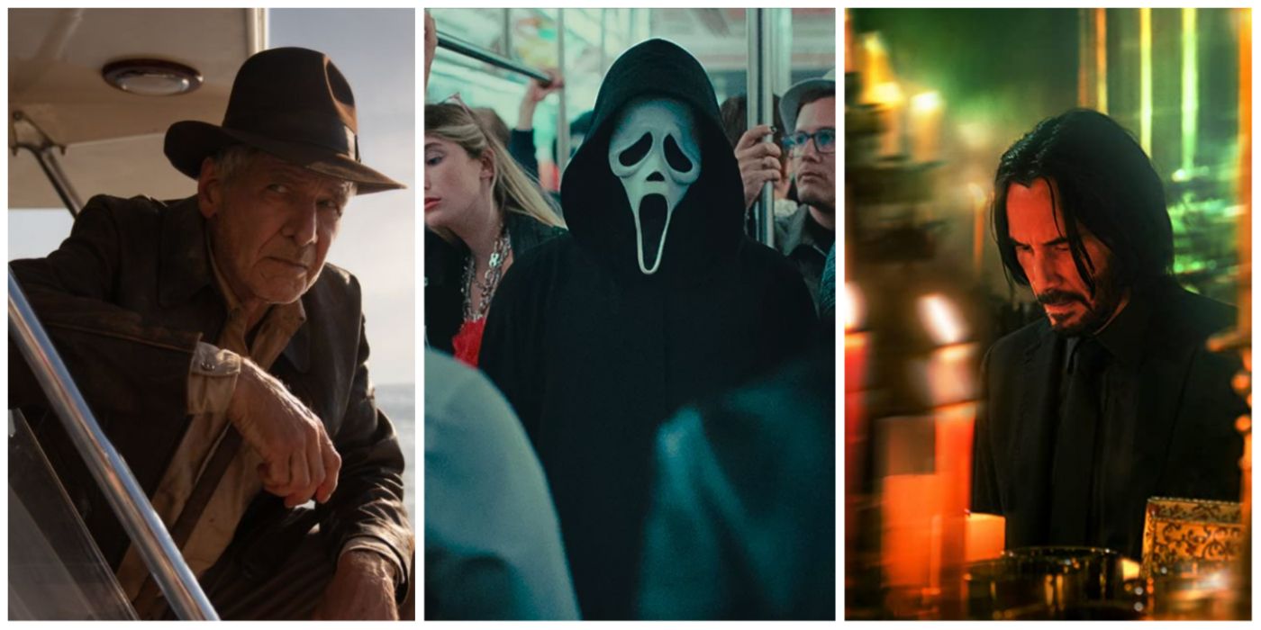 A split image of Indiana Jones from Dial of Destiny, Ghostface from Scream 6, and Wick from John Wick 4
