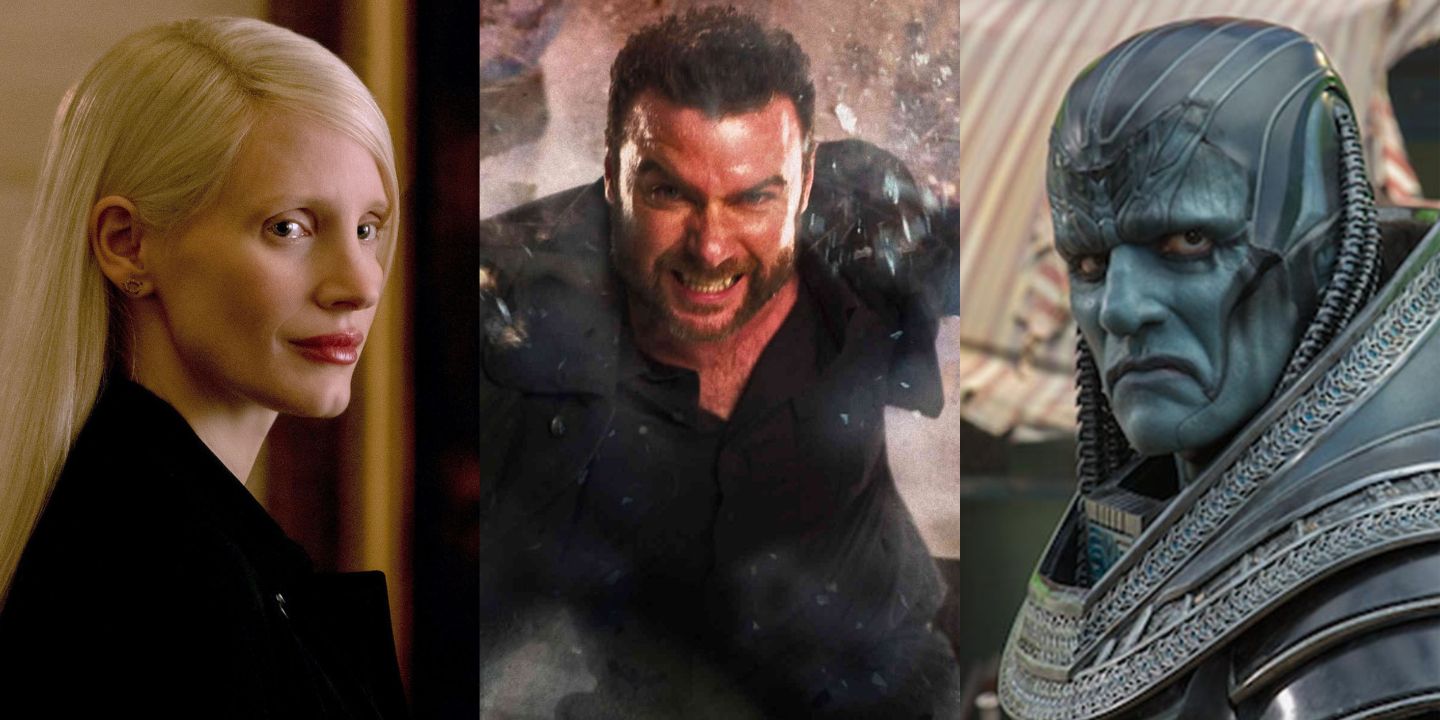 A split image of Jessica Chastain as Vuk, Liev Schreiber as Sabretooth, and Oscar Isaac as Apocalypse in the X-Men movies