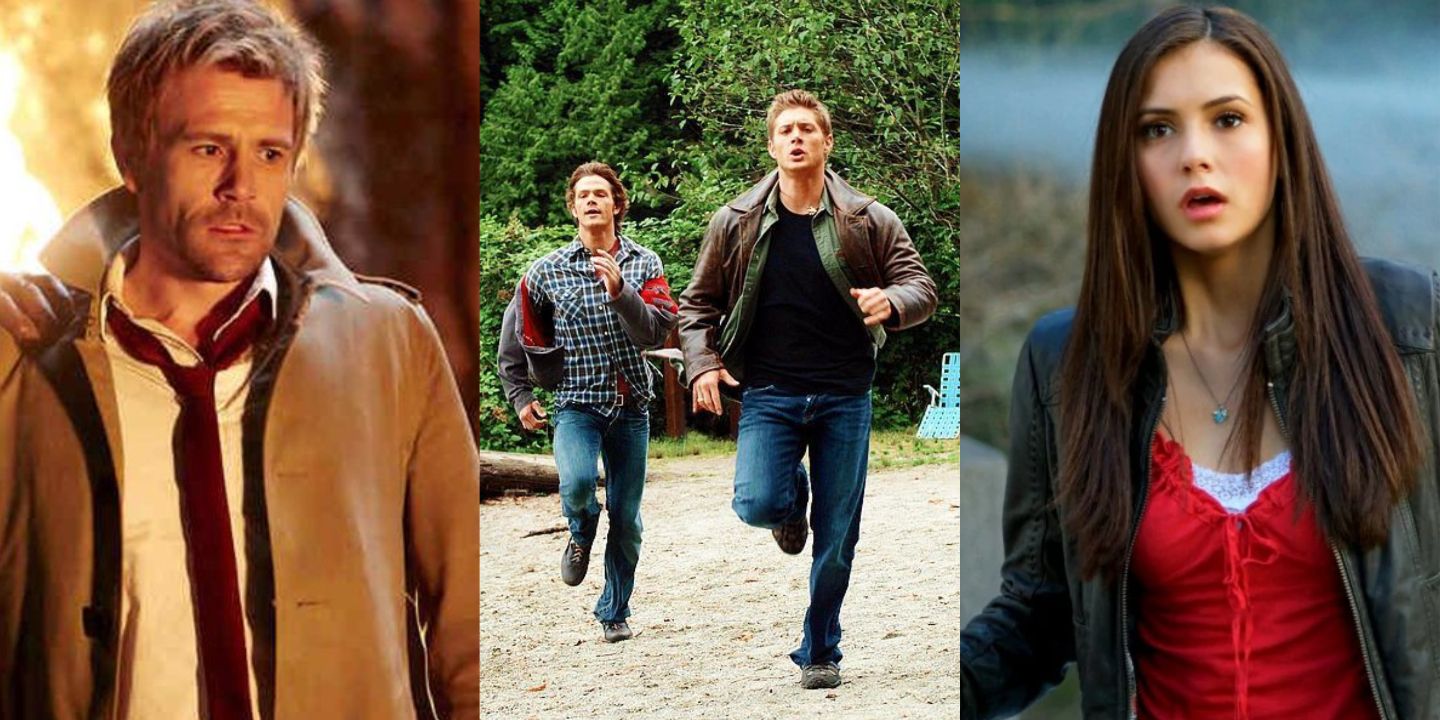 A split image of John in Constantine, Sam and Dean Winchester in Supernatural, and Elena Gilbert in The Vampire Diaries