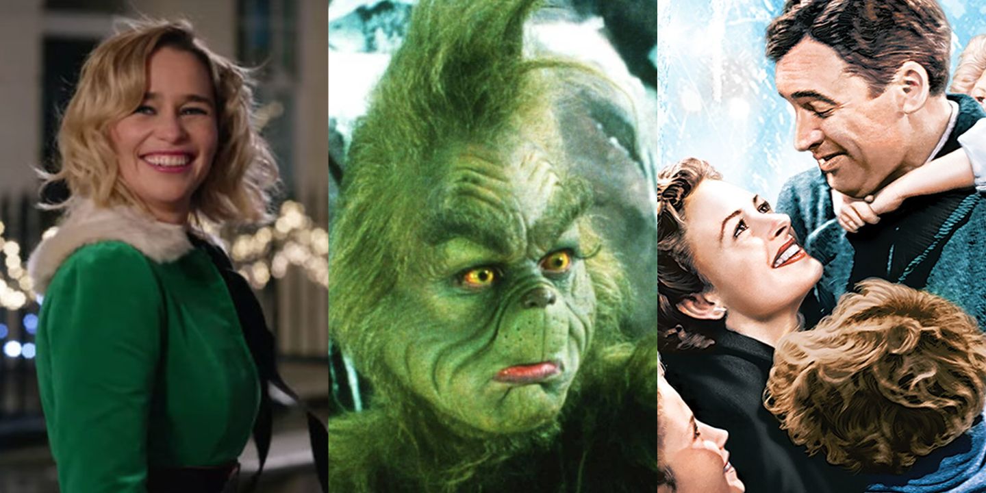 A split image of Kate in Last Christmas, The Grinch, and the family of It's A Wonderful Life