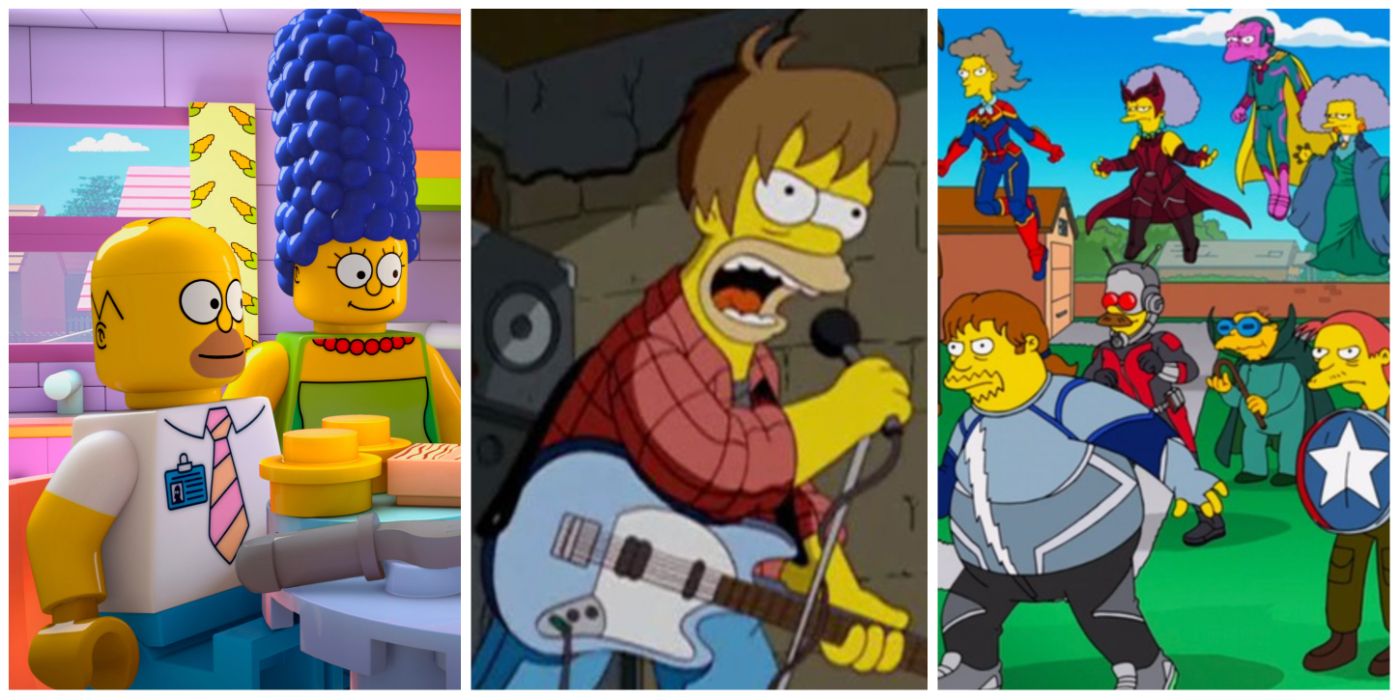 A split image of LEGO Simpsons, Grunge Homer, and MCU Simpsons from The Simpsons