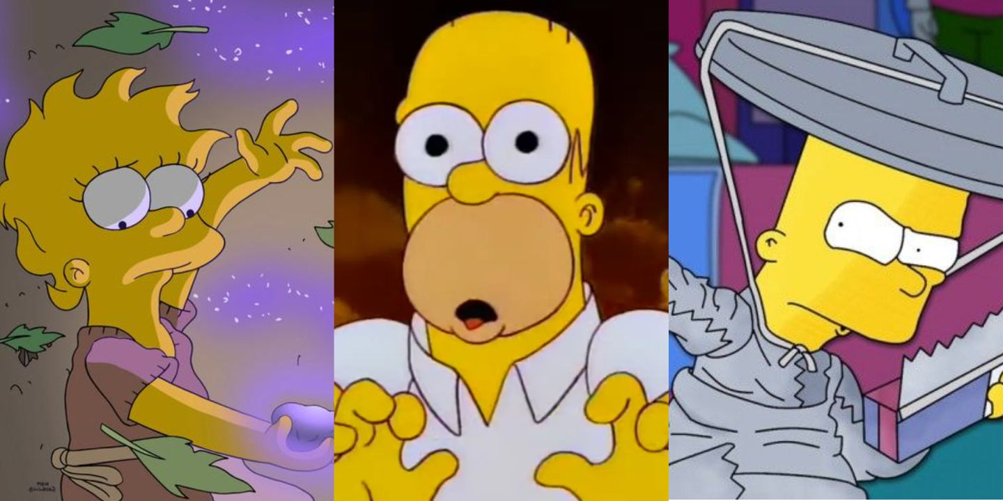 A split image of Lisa, Homer, and Bart in The Simpsons