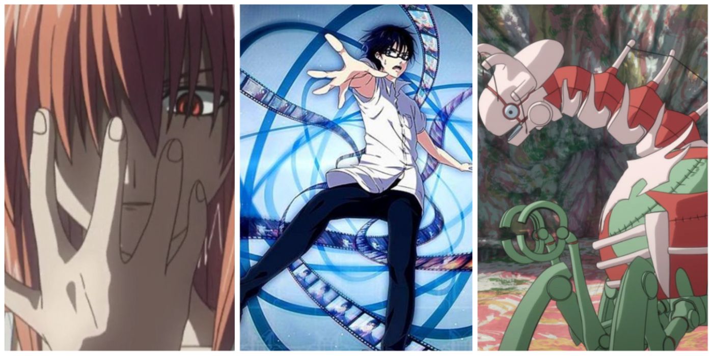 A split image of Lucy from Elfen Lied, time travel from Erased, and monster from Made in Abyss