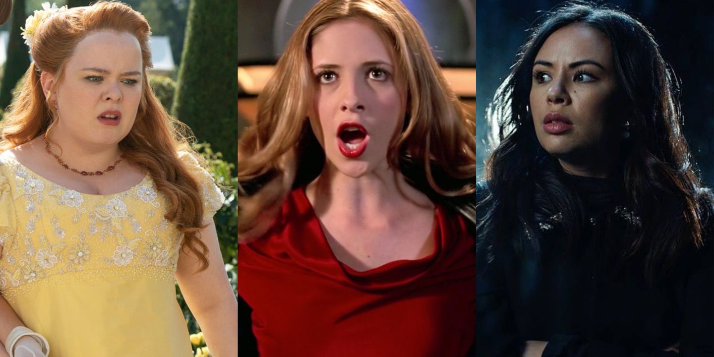 A split image of Penelope Featherington in Bridgerton, Buffy in Buffy the Vampire Slayer, and Mona in Pretty Little Liar