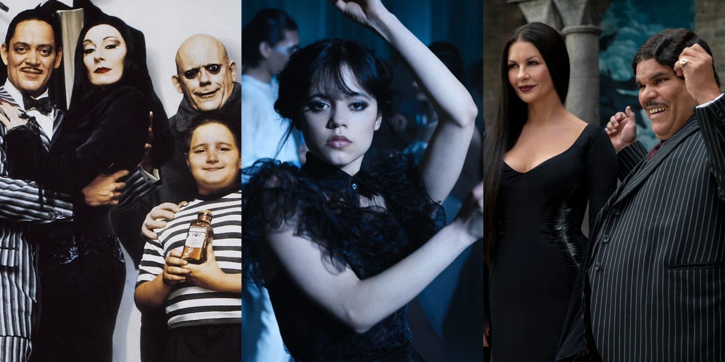A split image of Pugsley, Morticia, Gomez, Uncle Fester, and Wednesday in Addams Family projects