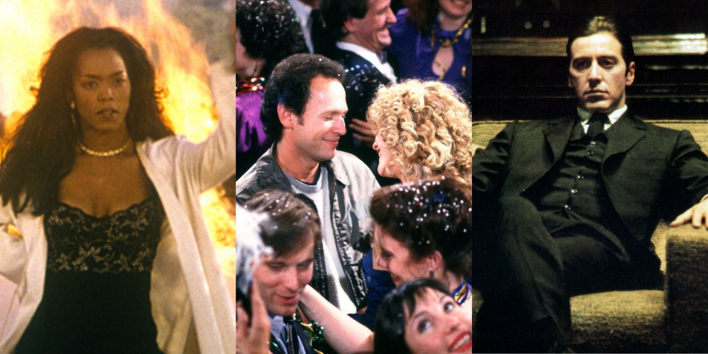A split image of scenes from Waiting to Exhale, When Harry Met Sally, and The Godfather Part II