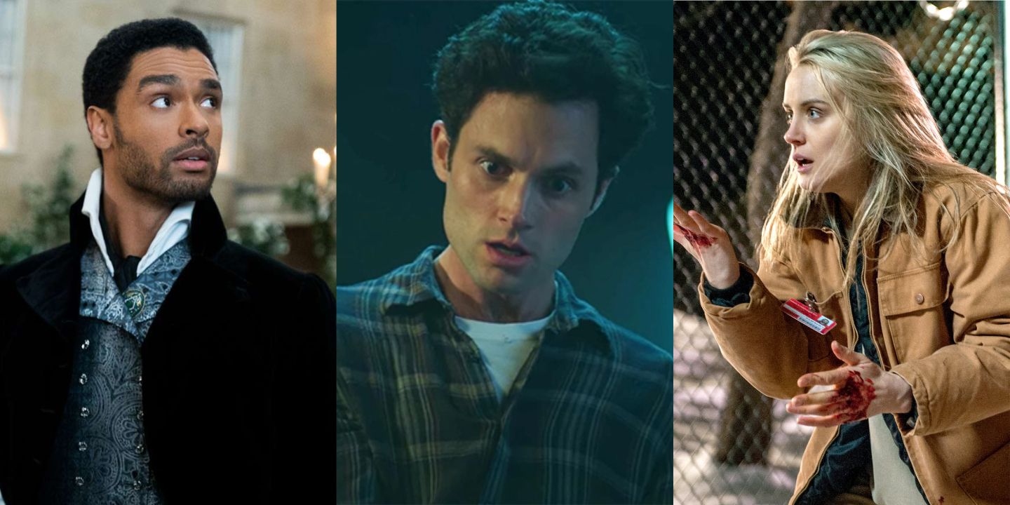 A split image of Simon Bassett from Bridgerton, Joe from You, and Piper from Orange is the New Black