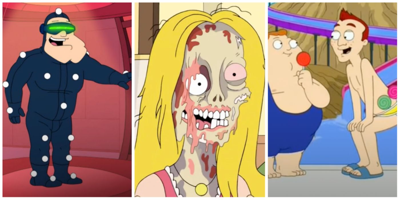 A split image of Stan in virtual reality, Francine's melted face, and Randy from American Dad
