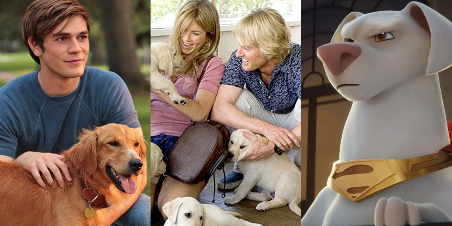 A split image of stills from A Dog's Purpose, Marley & Me, and DC League of Super-Pets