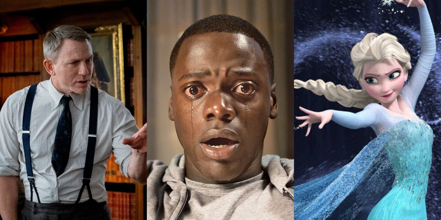 A split image of stills from Knives Out, Get Out, and Frozen
