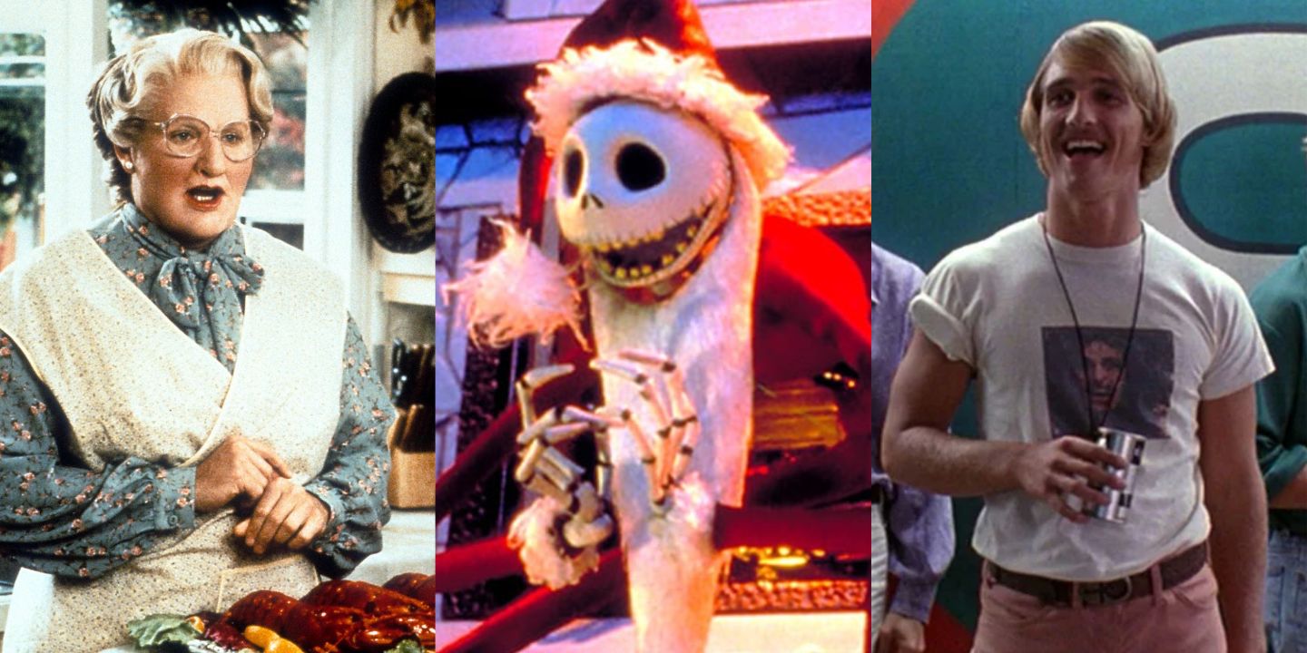 A split image of stills from Mrs. Doubtfire, A Nightmare Before Christmas, and Dazed and Confused