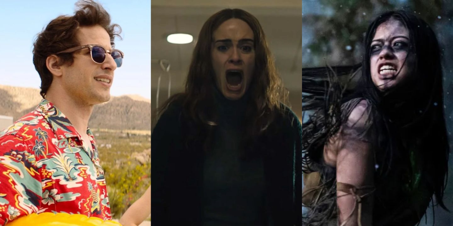 A split image of stills from Palm Springs, Run, and Prey