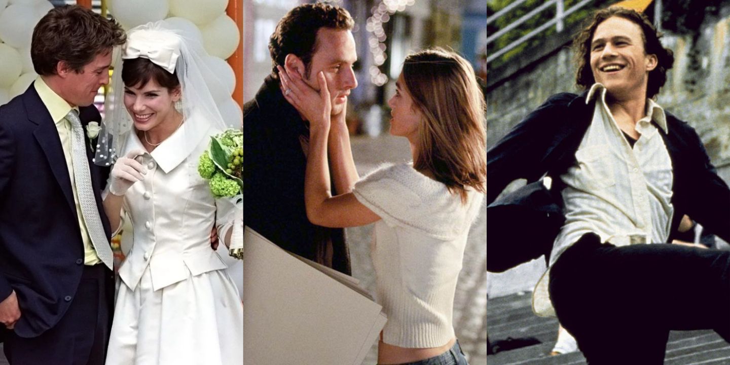 A split image of stills from Two Weeks Notice, Love Actually, and 10 Things I Hate About You