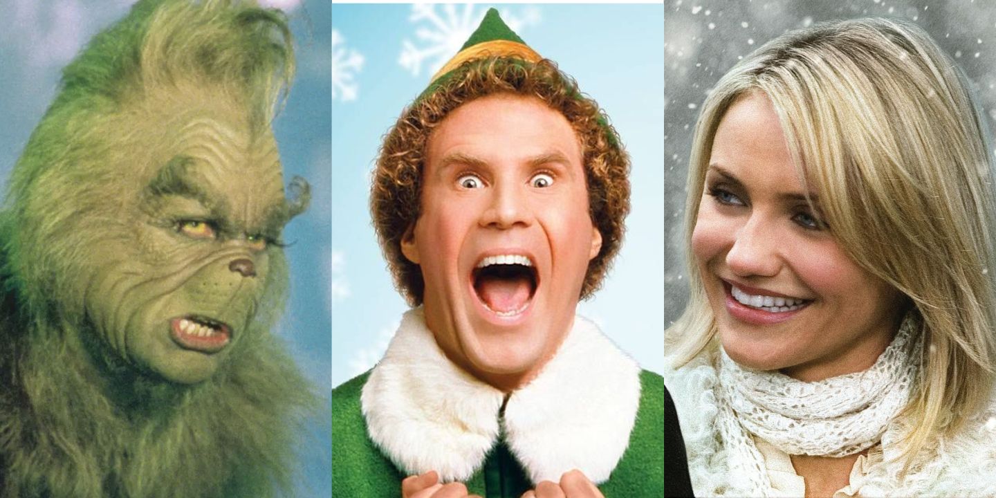 A split image of The Grinch, Buddy the Elf, and Cameron Diaz in The Holiday
