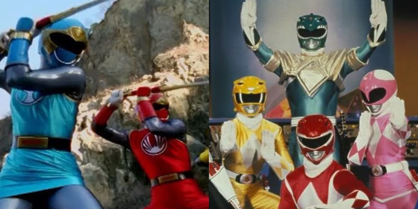 A split image of the Rangers in Ninja Storm and Mighty Morphin 
