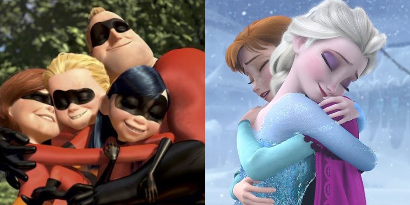 A split image of Violet, Dash, Helen, and Bob Parr in The Incredibles and Anna and Elsa in Frozen
