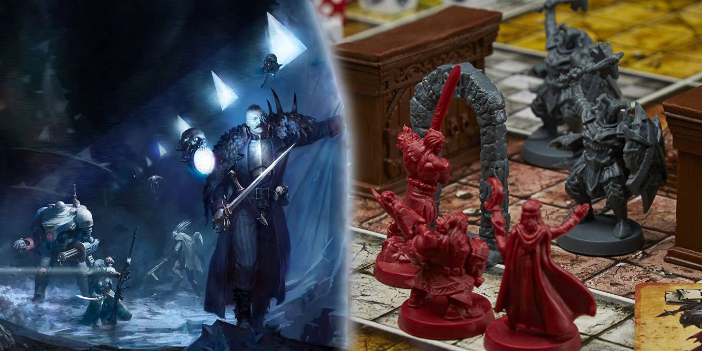 a split image of warhammer blackstone and heroquest miniatures
