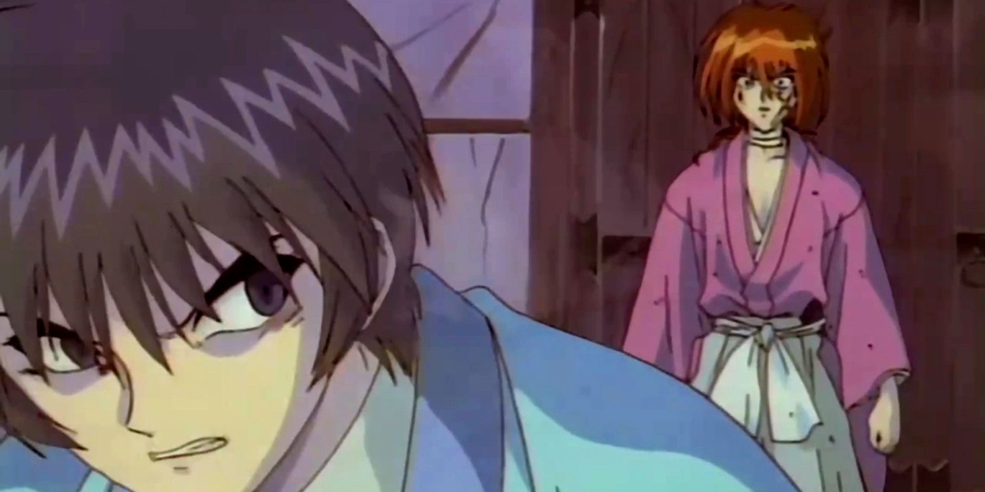 Sojiro looks at Kenshin angrily in Rurouni Kenshin.