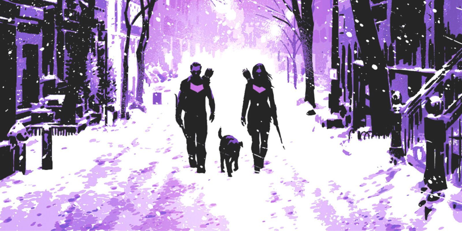 David Aja's art of Clint Barton and Kate Bishop walking down a snowy street in New York