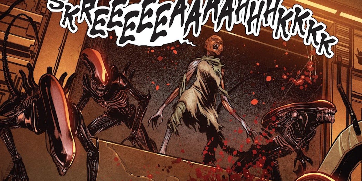 A panel from Marvel's Alien series shows Lee screaming alongside some Xenomorphs