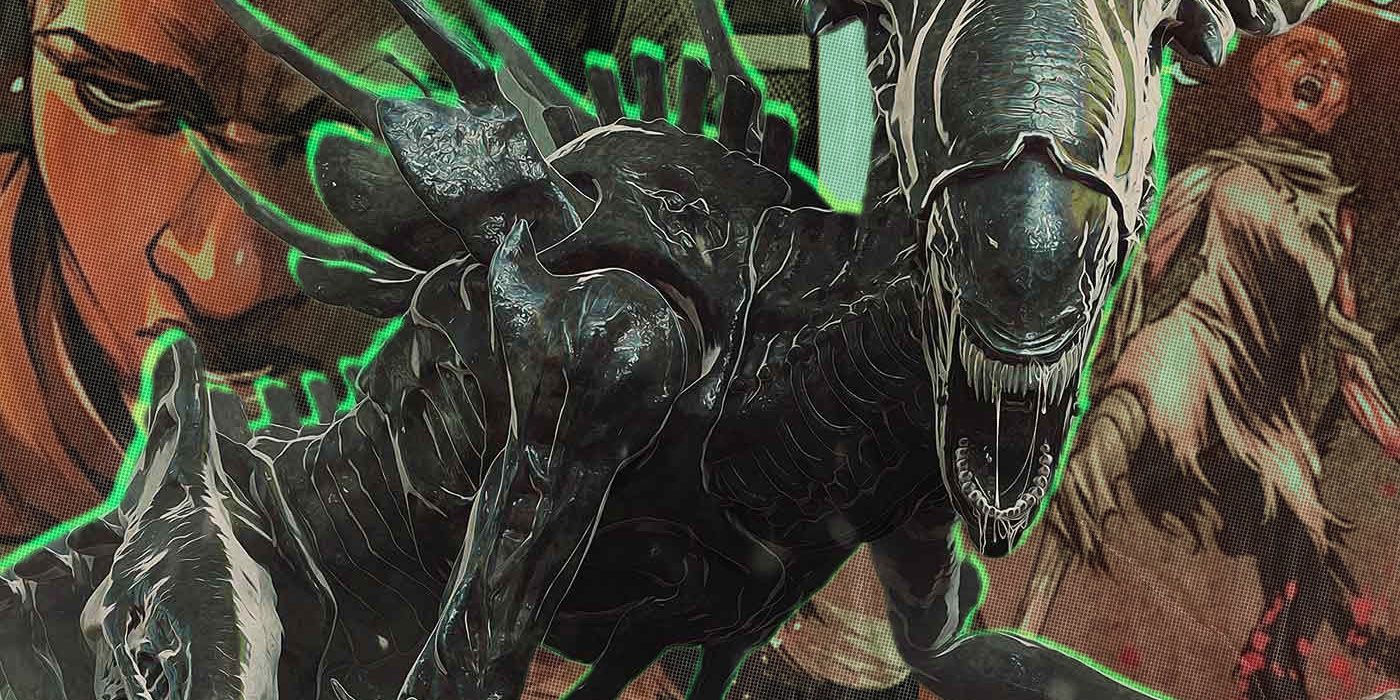 A growling Xenomorph is surrounded by Eli and Lee, as seen in Marvel's Alien series.