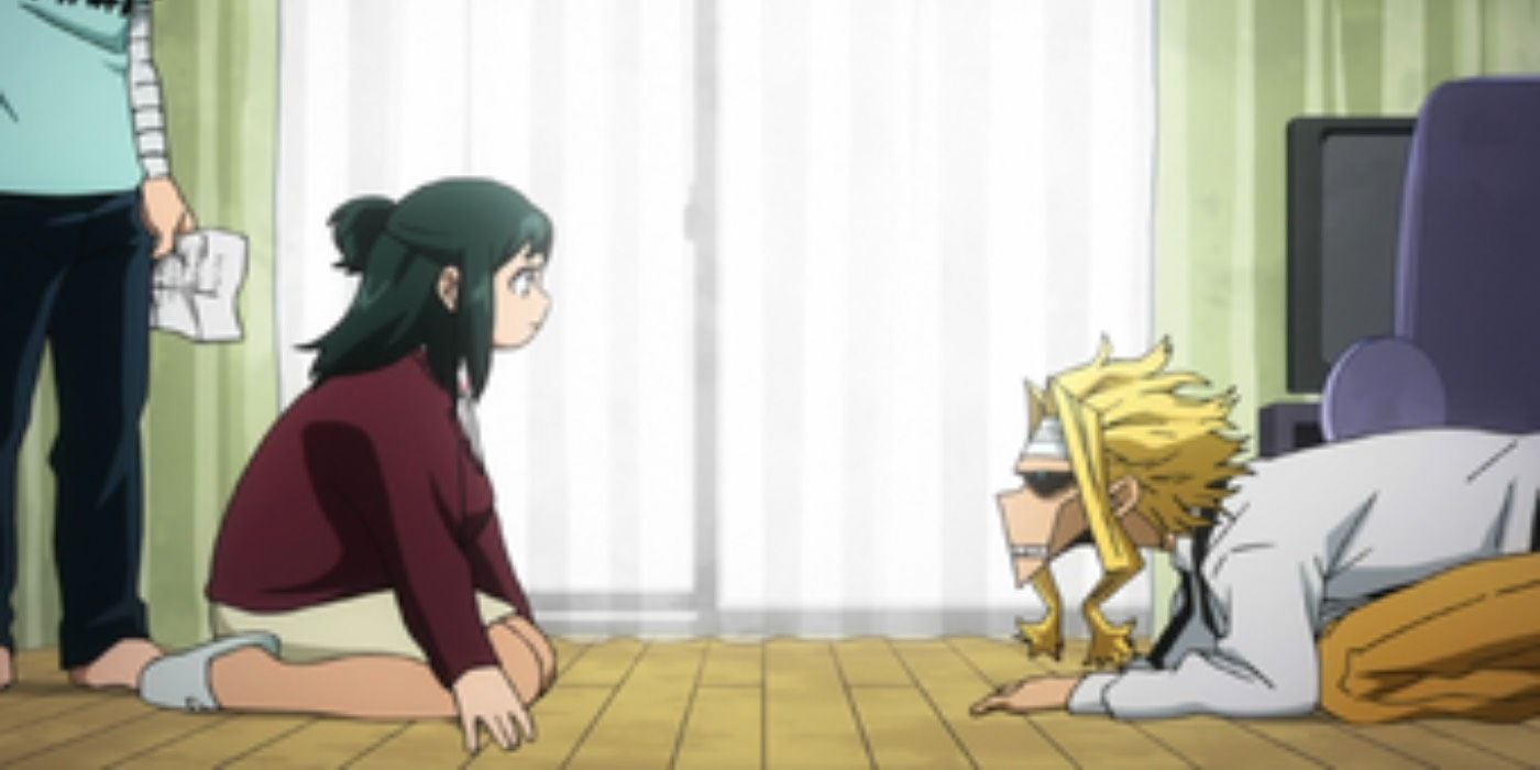 All Might bows in apology to a kneeling Inko Midoriya in My Hero Academia. 