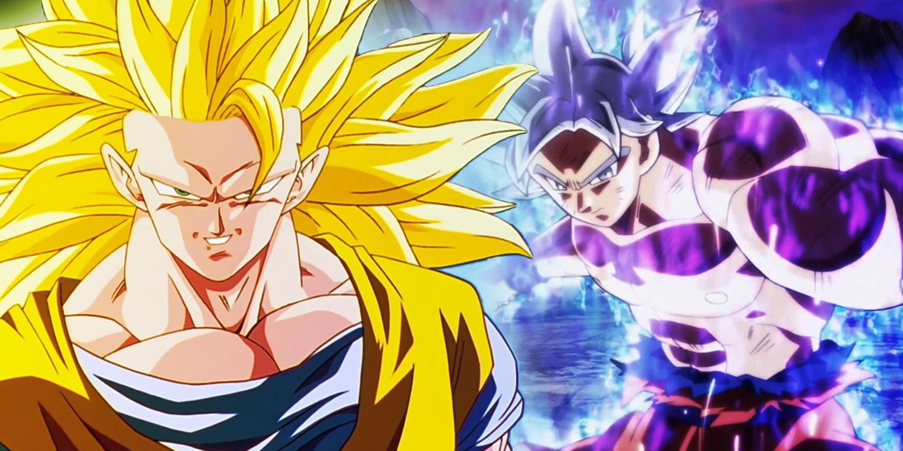 SSJ3 Goku in front of an image of Ultra Instinct Goku