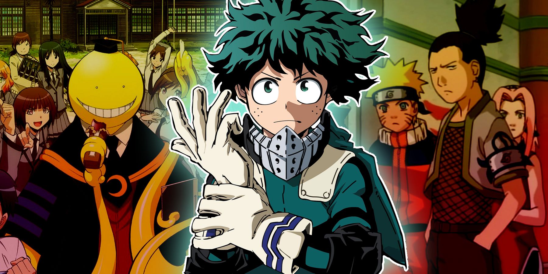 Anime collage featuring Deku in front of characters from Naruto and Assassination Classroom