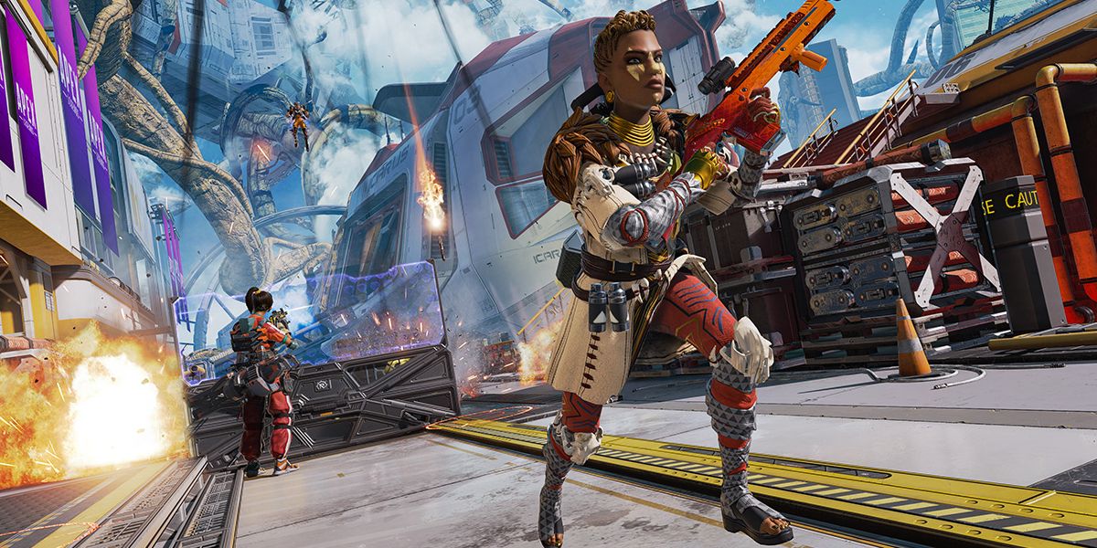 Bangalore foge de uma explosão e tiroteio em Apex Legends.