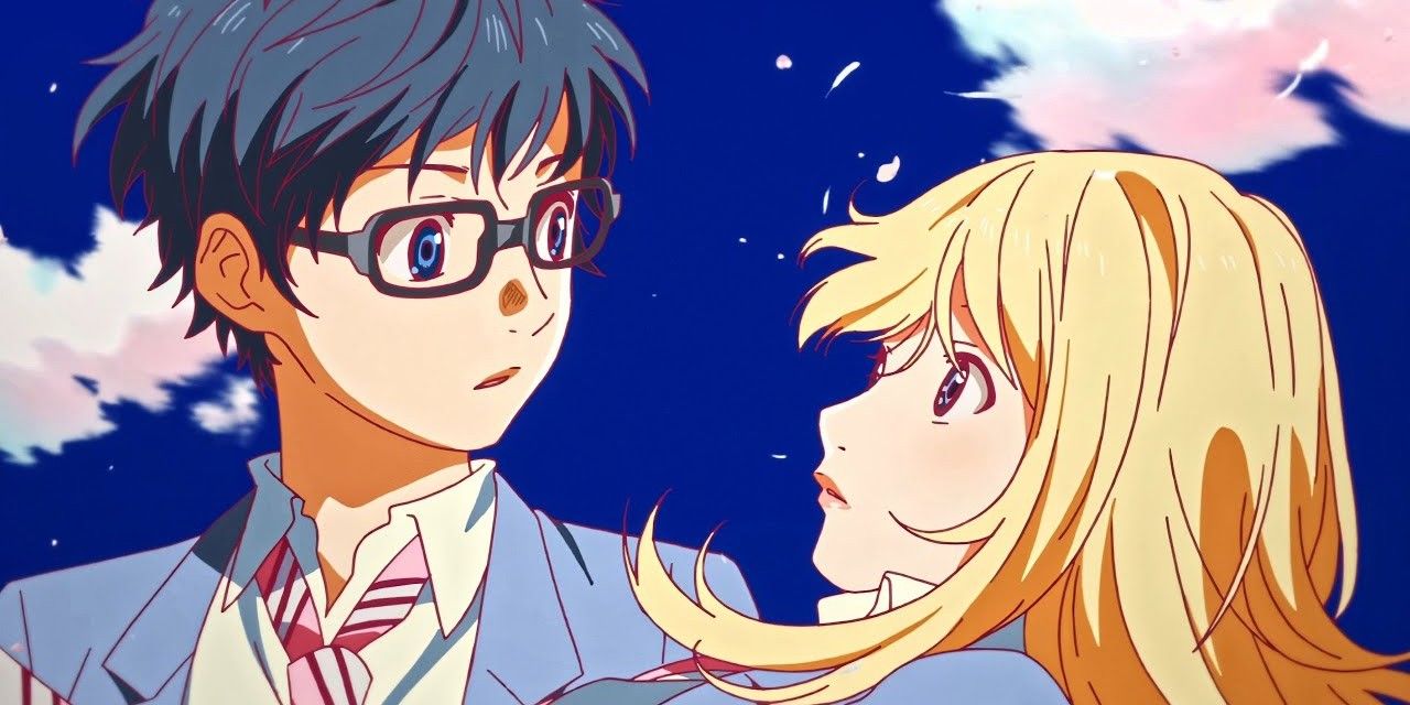 Arima and Kaori from Your Lie in April looking into each other's eyes