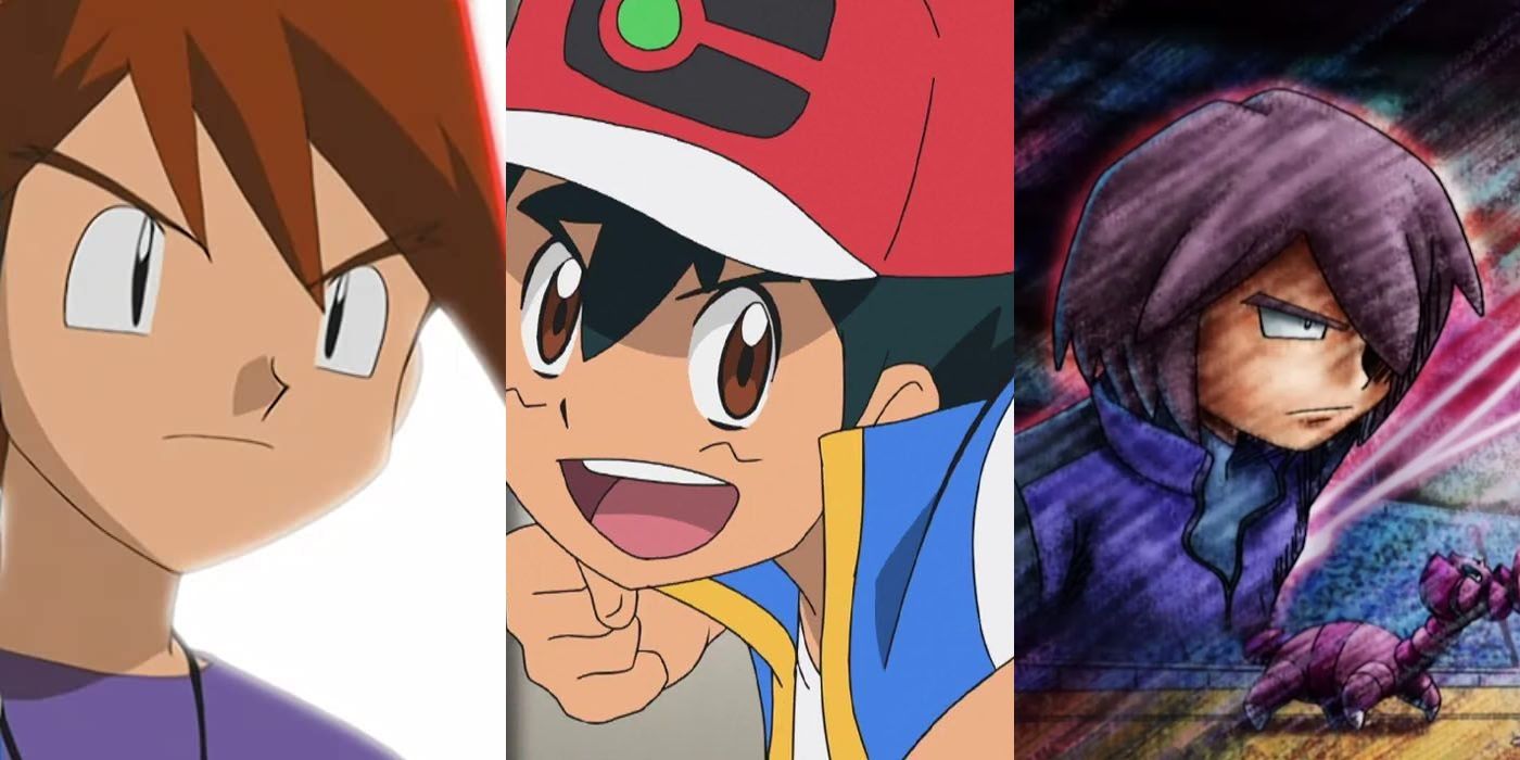 Split shot of Ash Ketchum, Gary Oak, and Paul battling in the Pokemon anime