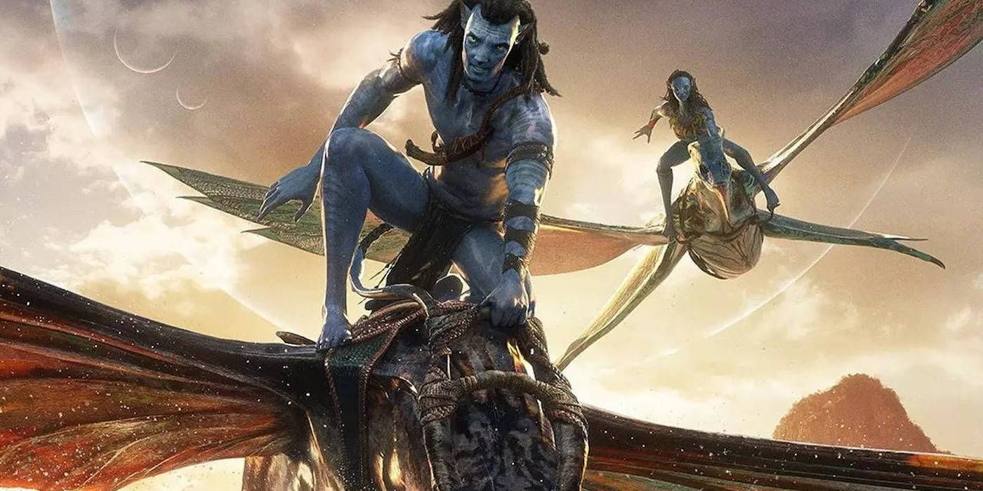 Jake and Neytiri riding flying beasts in Avatar: The Way of Water