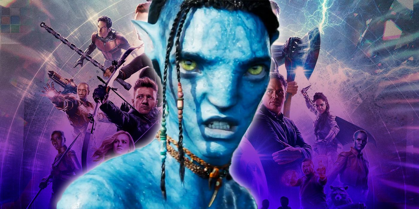 Imagem de colagem de um Na'vi de Avatar sobre uma foto dos Vingadores