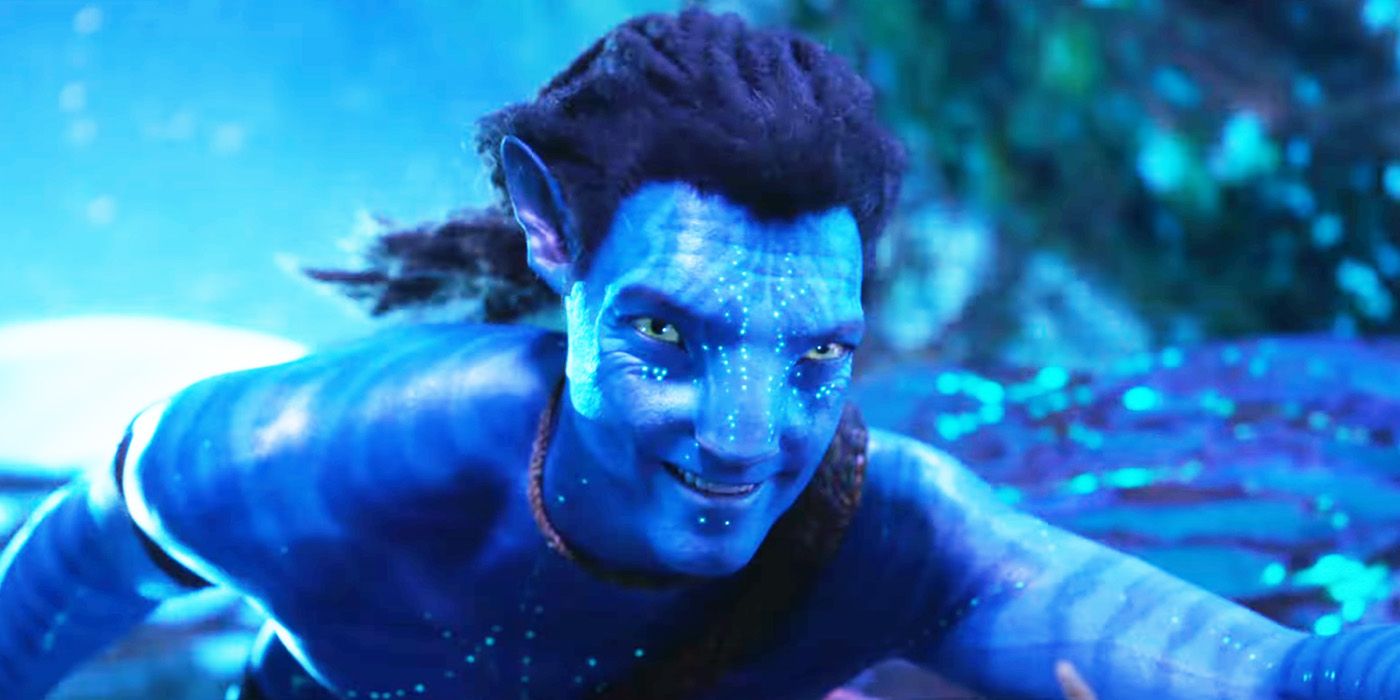 Avatar: The Way of Water's Sam Worthington swims as Jake Sully.