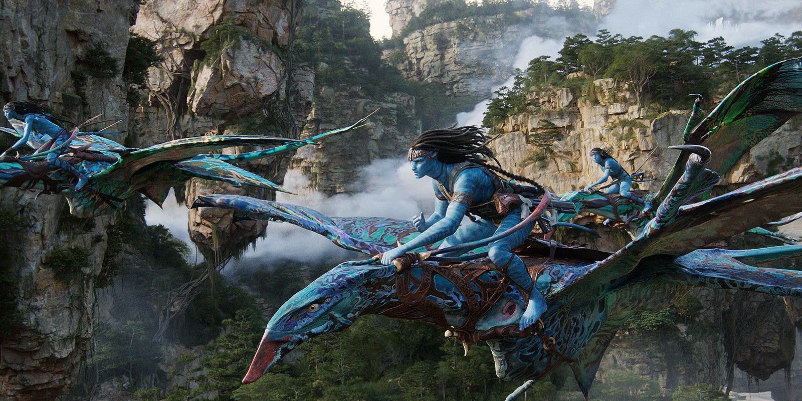 Na'vi characters flying on creatures in James Cameron's Avatar: The Way of Water.
