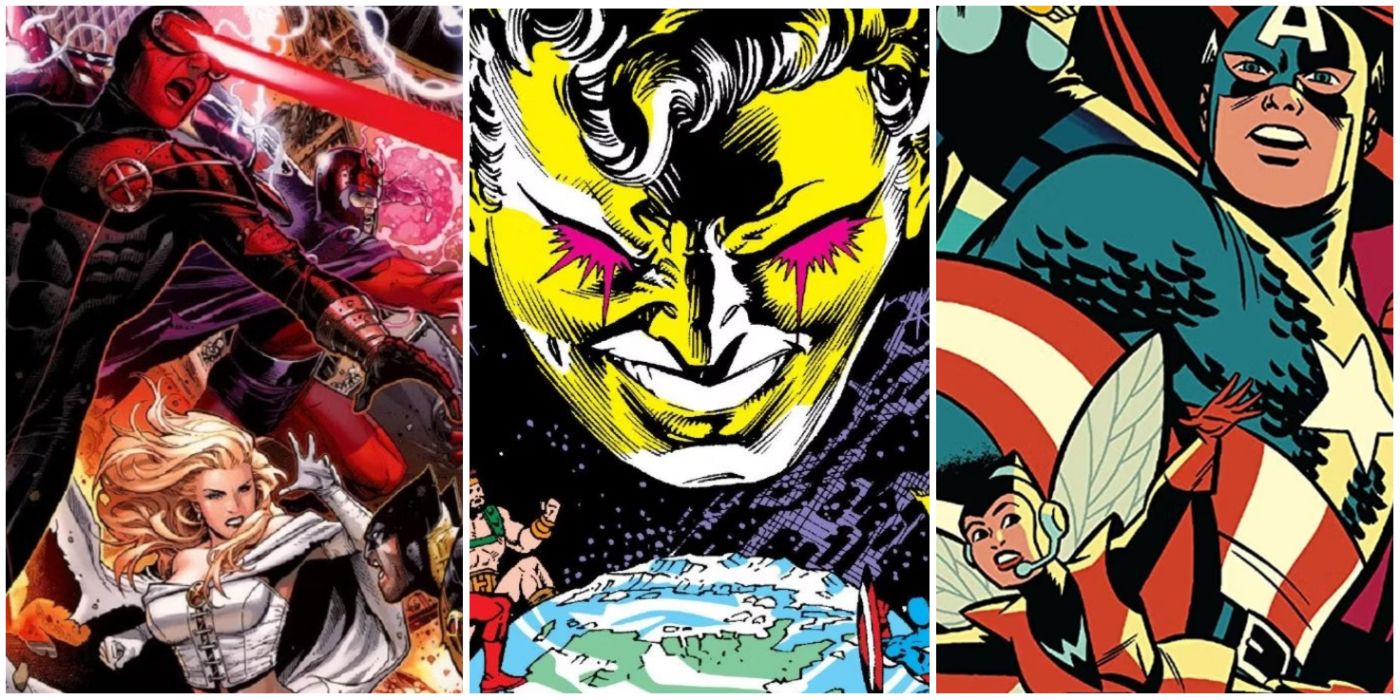 A split image of Cyclops and the X-Men, The Beyonder looming over Earth, Captain America and Wasp in Marvel Comics