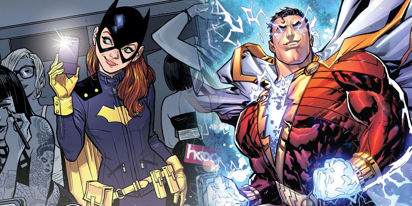 Batgirl of Burnside and Shazam in his New 52 suit split image