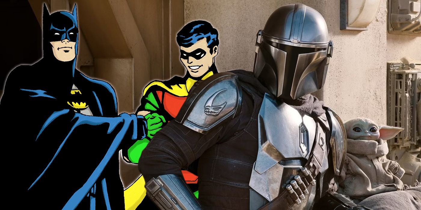 Batman and Robin from the comics next to the Mandalorian and Grogu