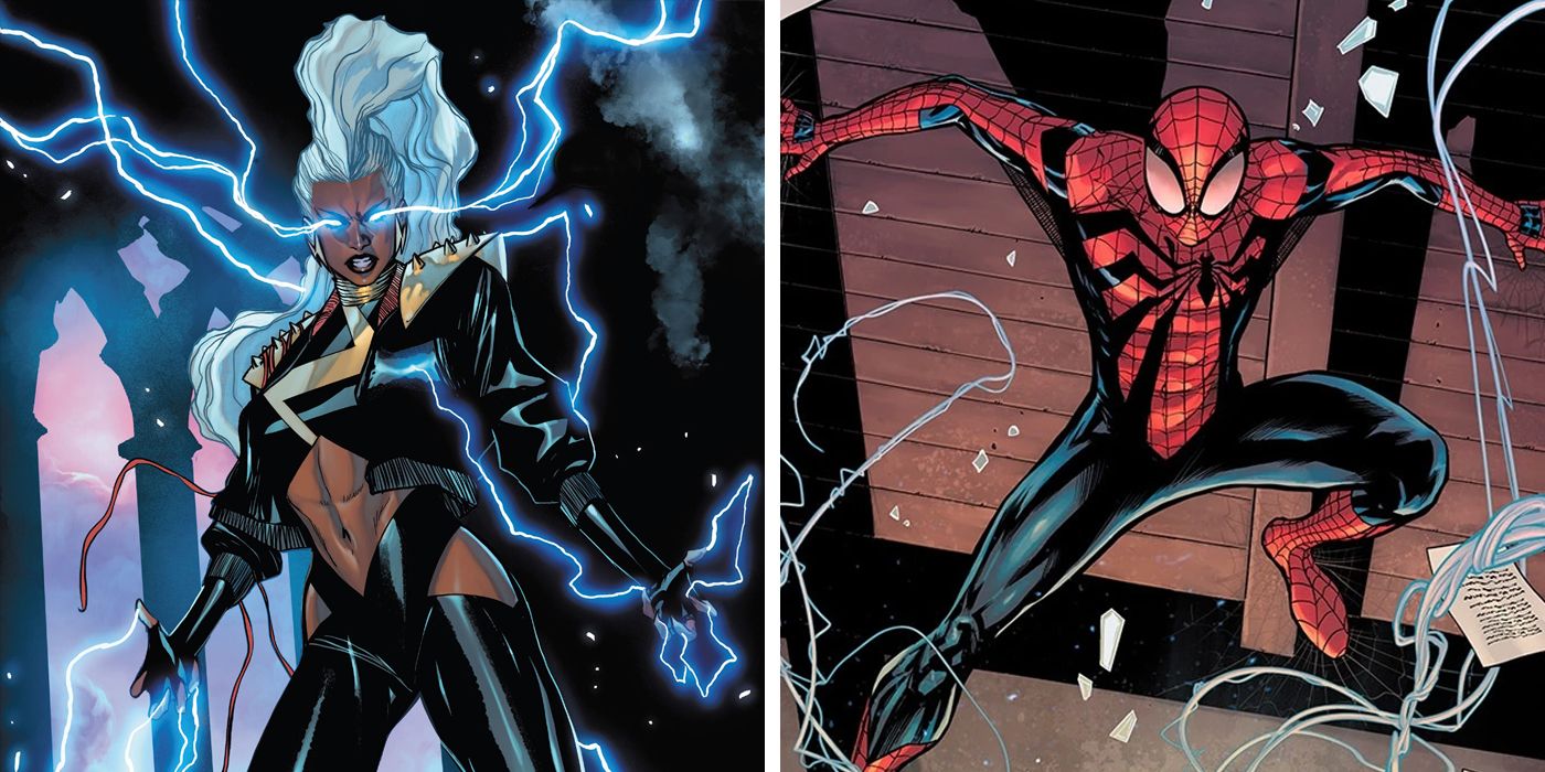 split image of Storm and Ben Reilly wearing new costumes in 2022