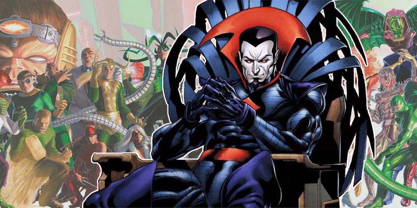 Mister Sinister sitting in front of Marvel's greatest villains by Alex Ross