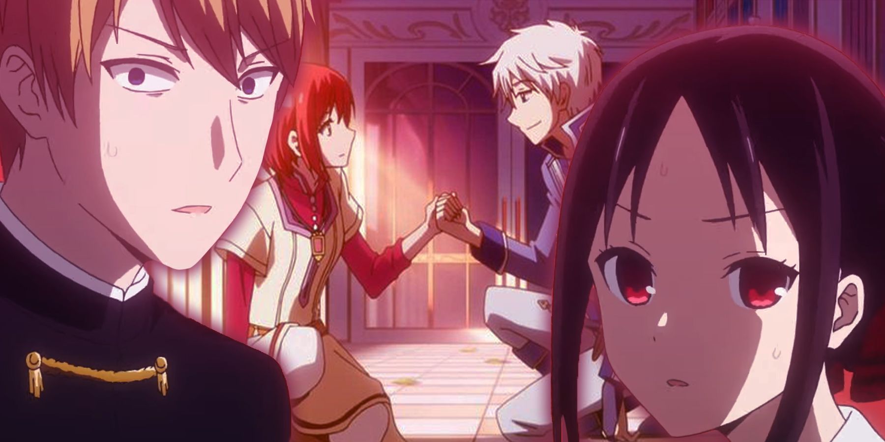 Headshot image of Kaguya Shinomiya and Miyuki Shirogane from Kaguya-sama with Shirayuki and Zen from Snow White with the Red Hair in the background