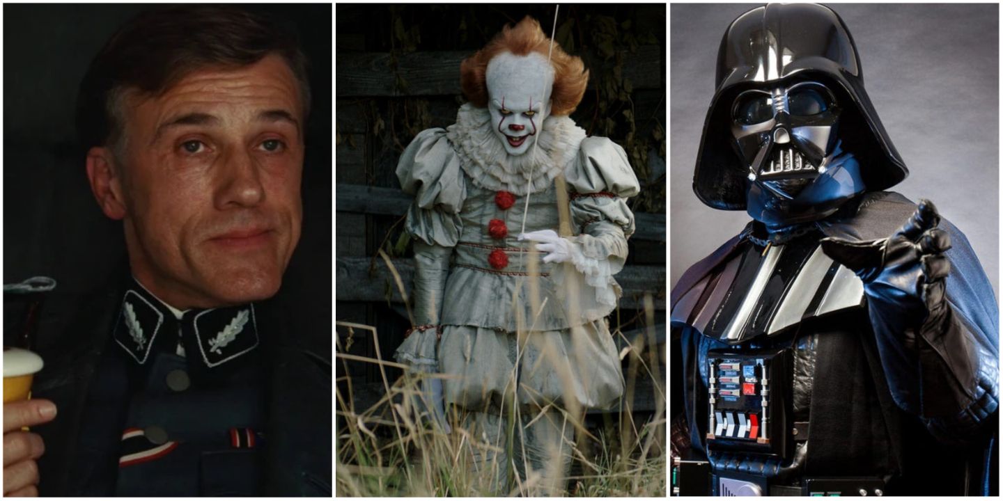 A split image showing Hans Landa in Inglourious Basterds, Pennywise the Dancing Clown in IT: Chapter One, and Darth Vader in Star Wars