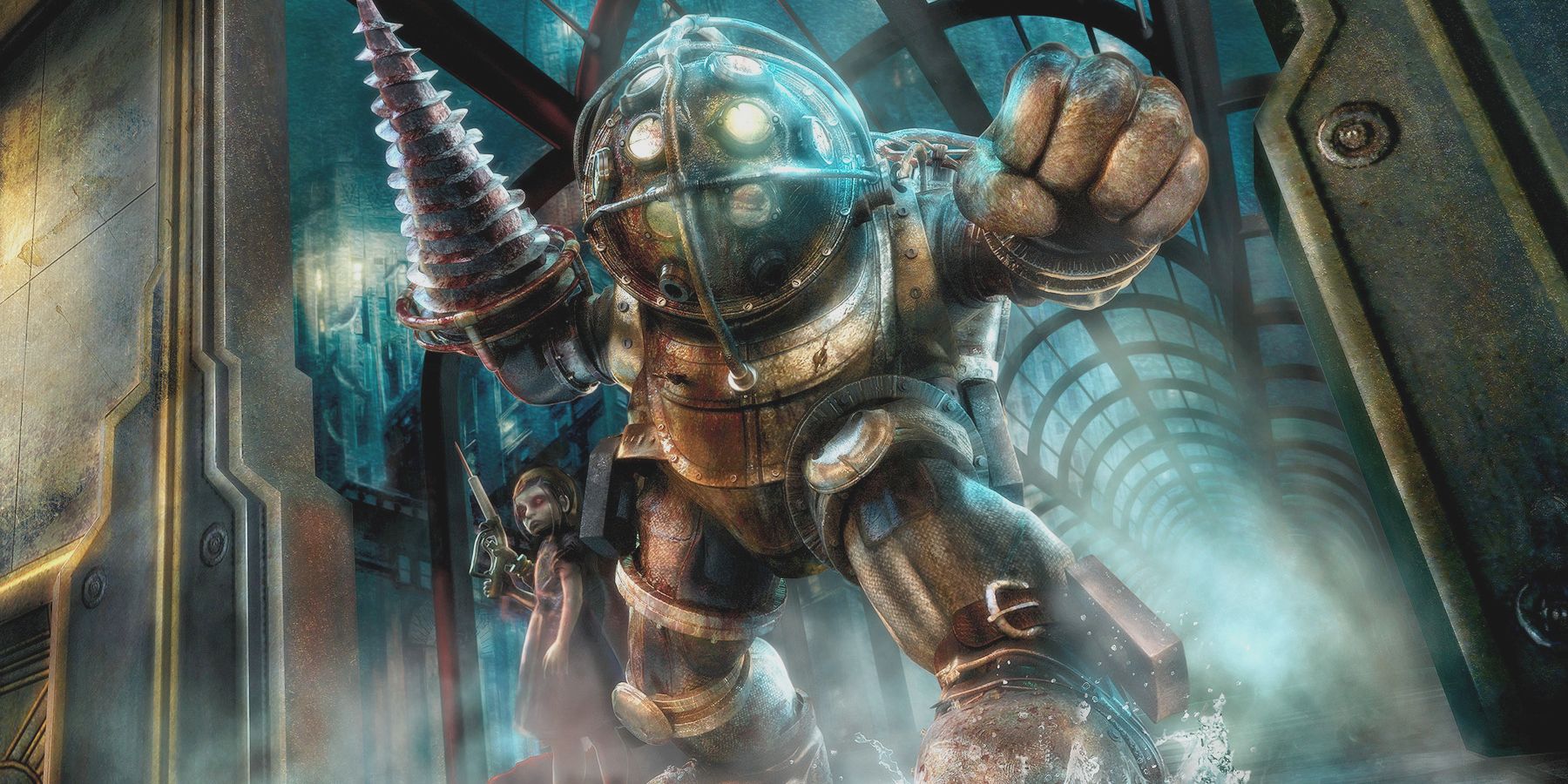 Big Daddy and Little Sister stand side-by-side from BioShock video game.