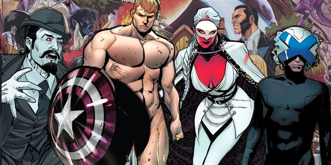 A composite image of Marvel Comics' Mister Sinister, naked Captain America, Mother Righteous, and Cyclops